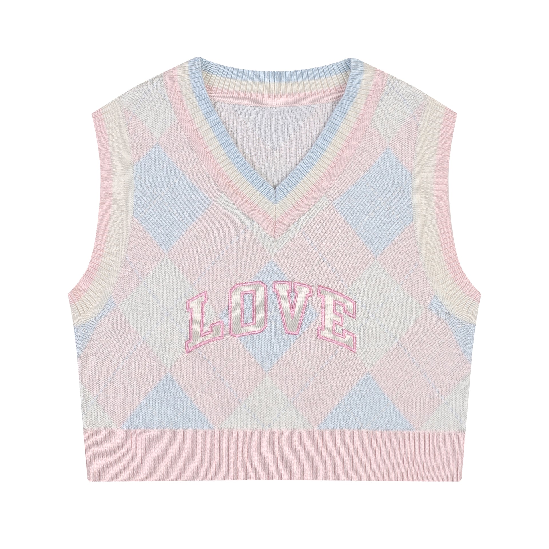 LOVE Embroidery Argyle Knit Vest