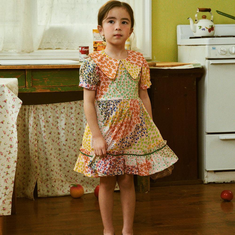 Aria Puff Sleeve Wide Collar Multi Floral Print Collage Dress-Dress - Kids-ToTo Heros-