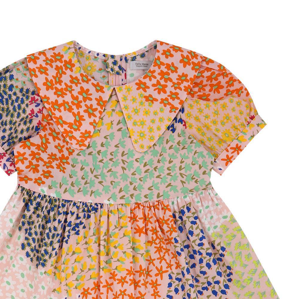 Aria Puff Sleeve Wide Collar Multi Floral Print Collage Dress-Dress - Kids-ToTo Heros-