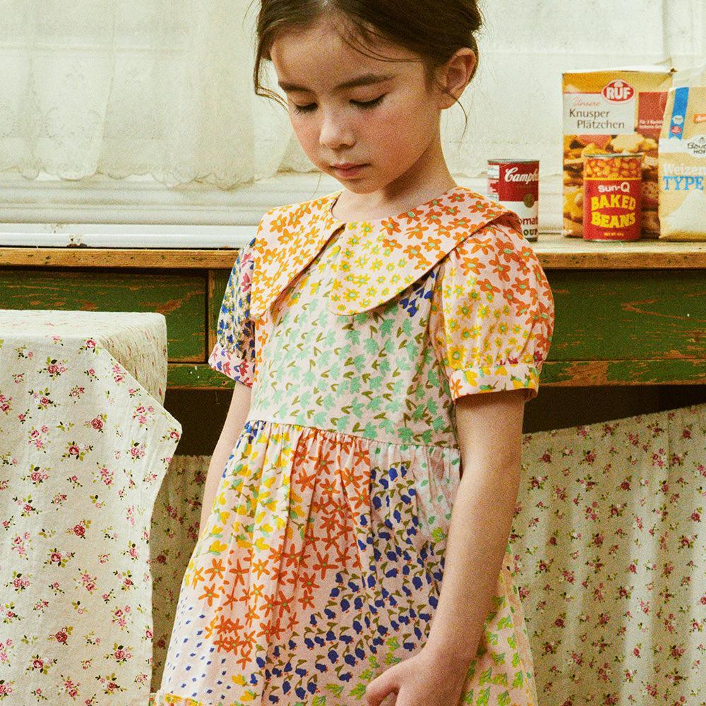 Aria Puff Sleeve Wide Collar Multi Floral Print Collage Dress-Dress - Kids-ToTo Heros-