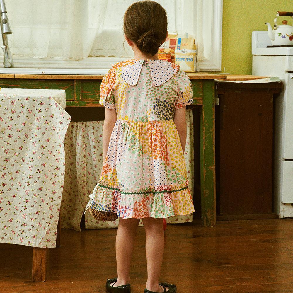 Aria Puff Sleeve Wide Collar Multi Floral Print Collage Dress-Dress - Kids-ToTo Heros-