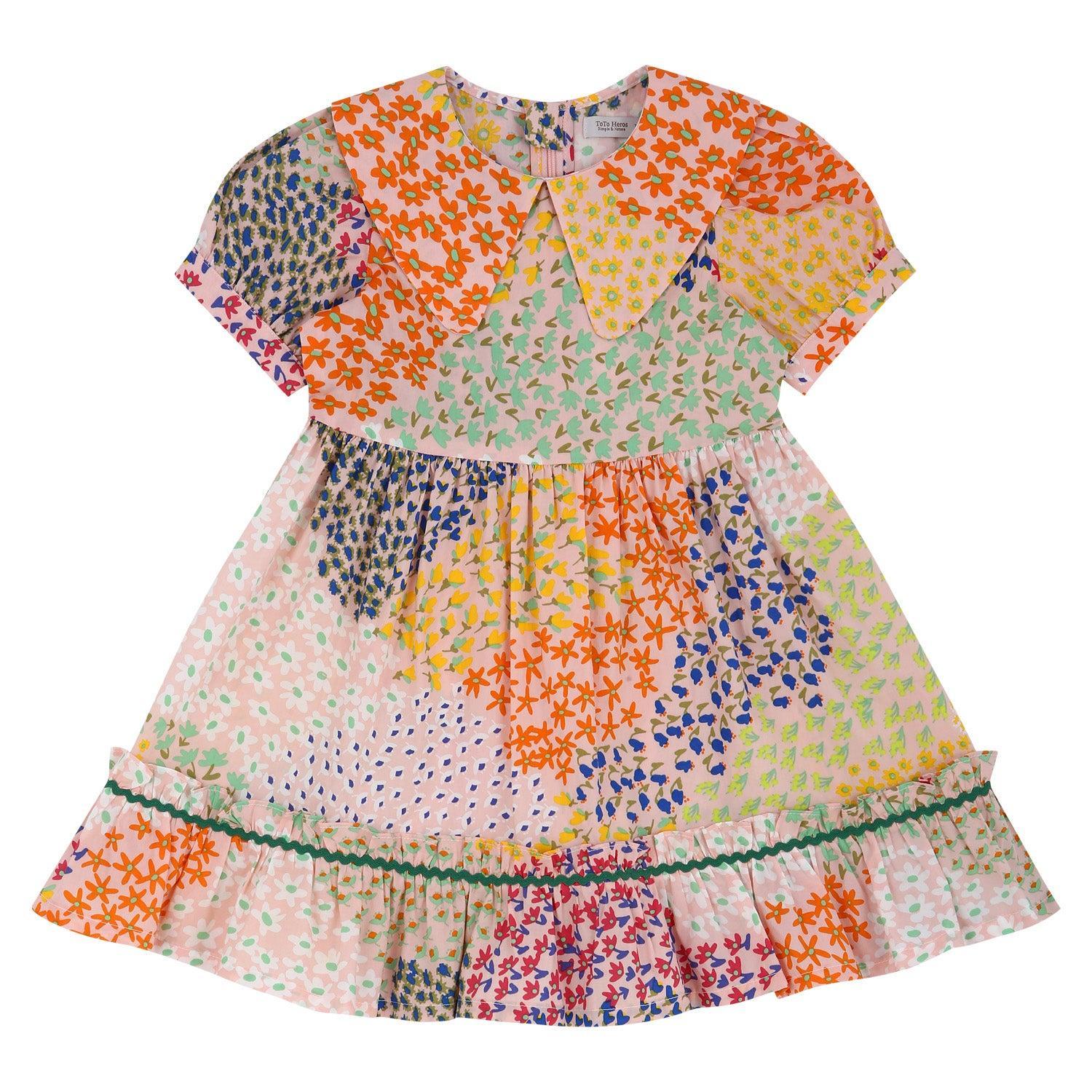 Aria Puff Sleeve Wide Collar Multi Floral Print Collage Dress-Dress - Kids-ToTo Heros-