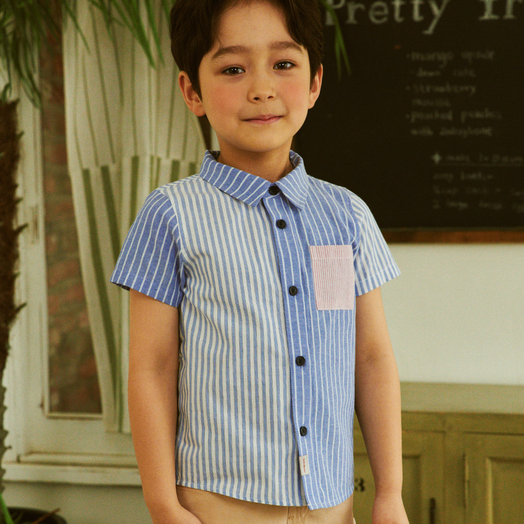Blue Multi Striped Short Sleeve Button Down Shirt-Button Down Shirt - Kids-ToTo Heros-