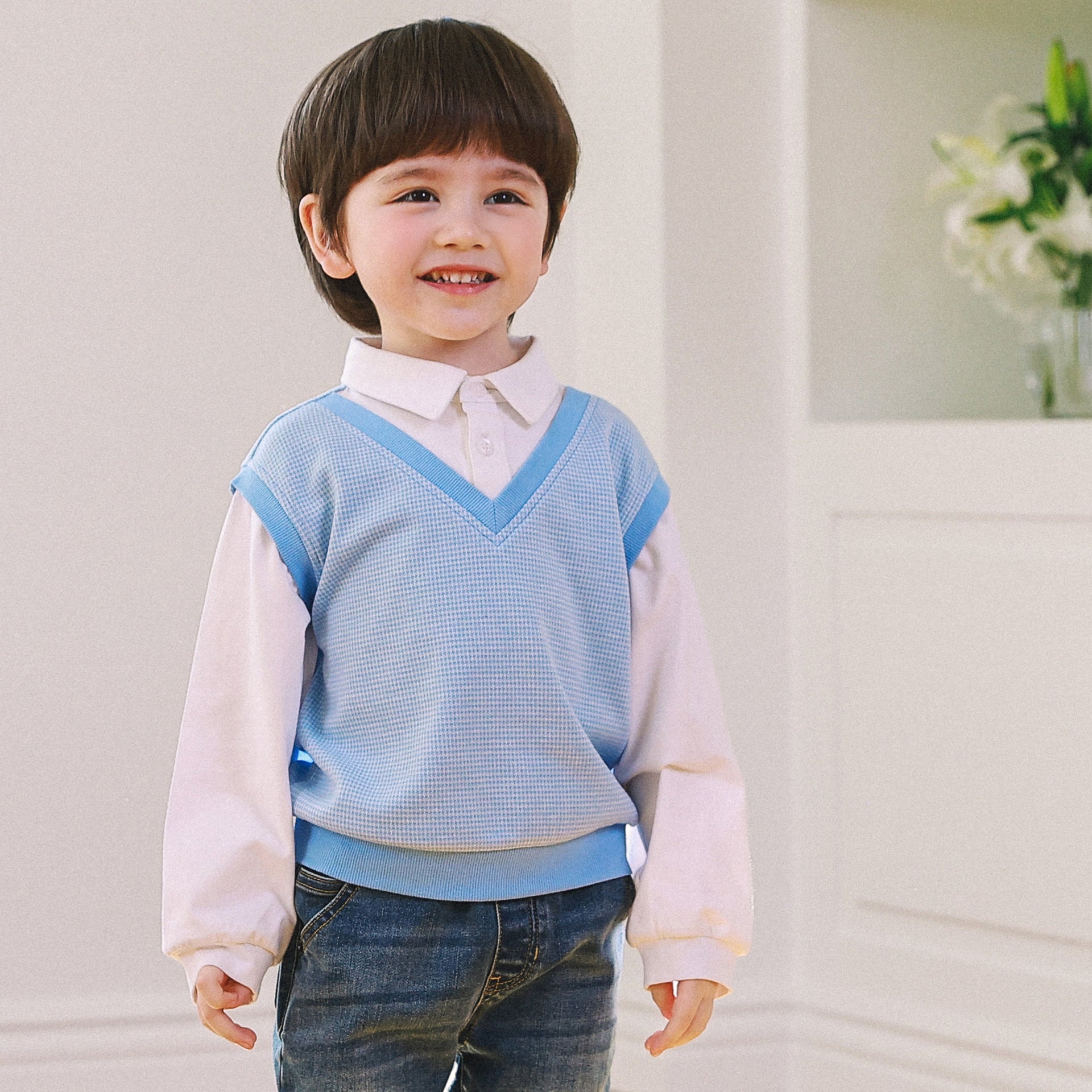 Layered Collared Shirt & Vest Combo Top