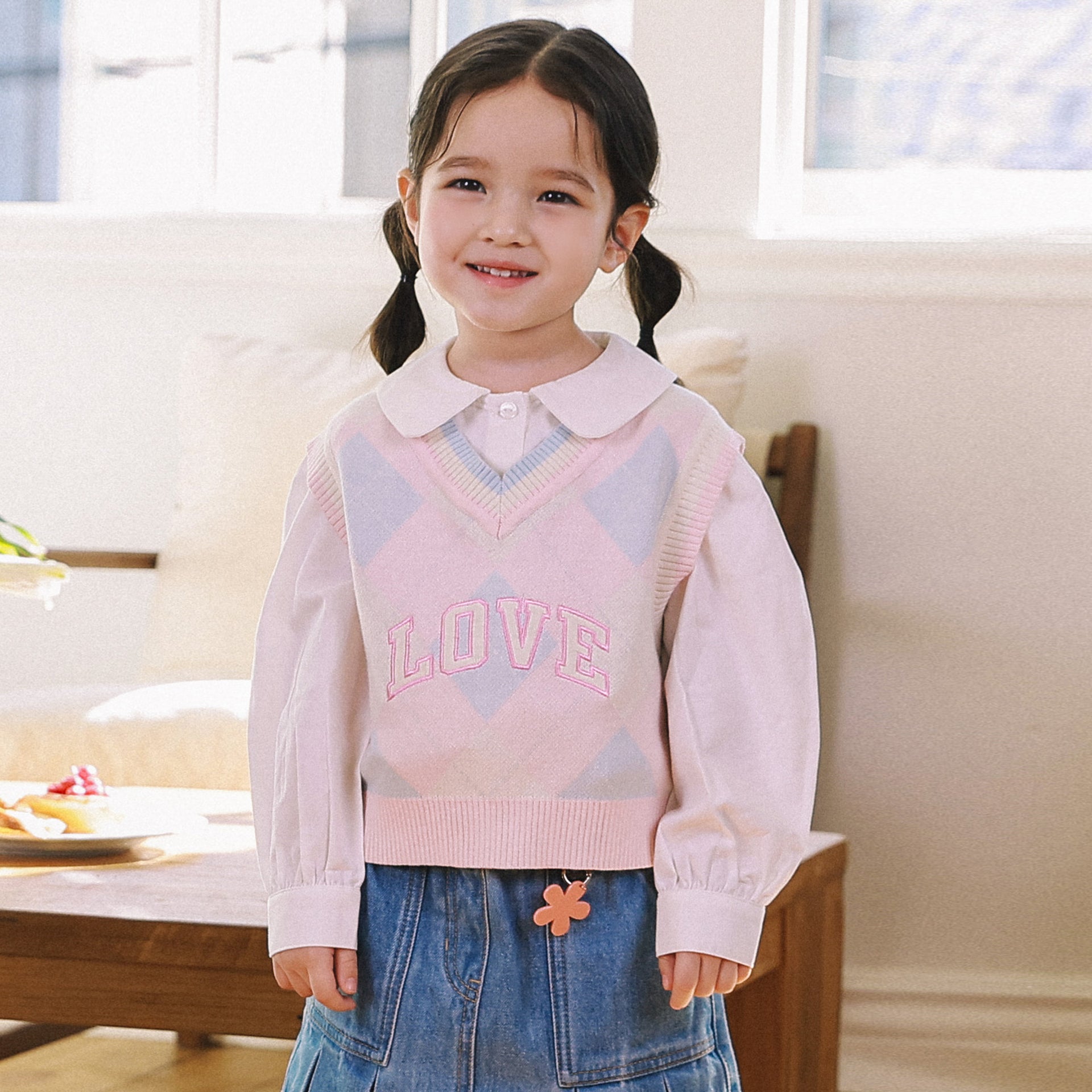 LOVE Embroidery Argyle Knit Vest