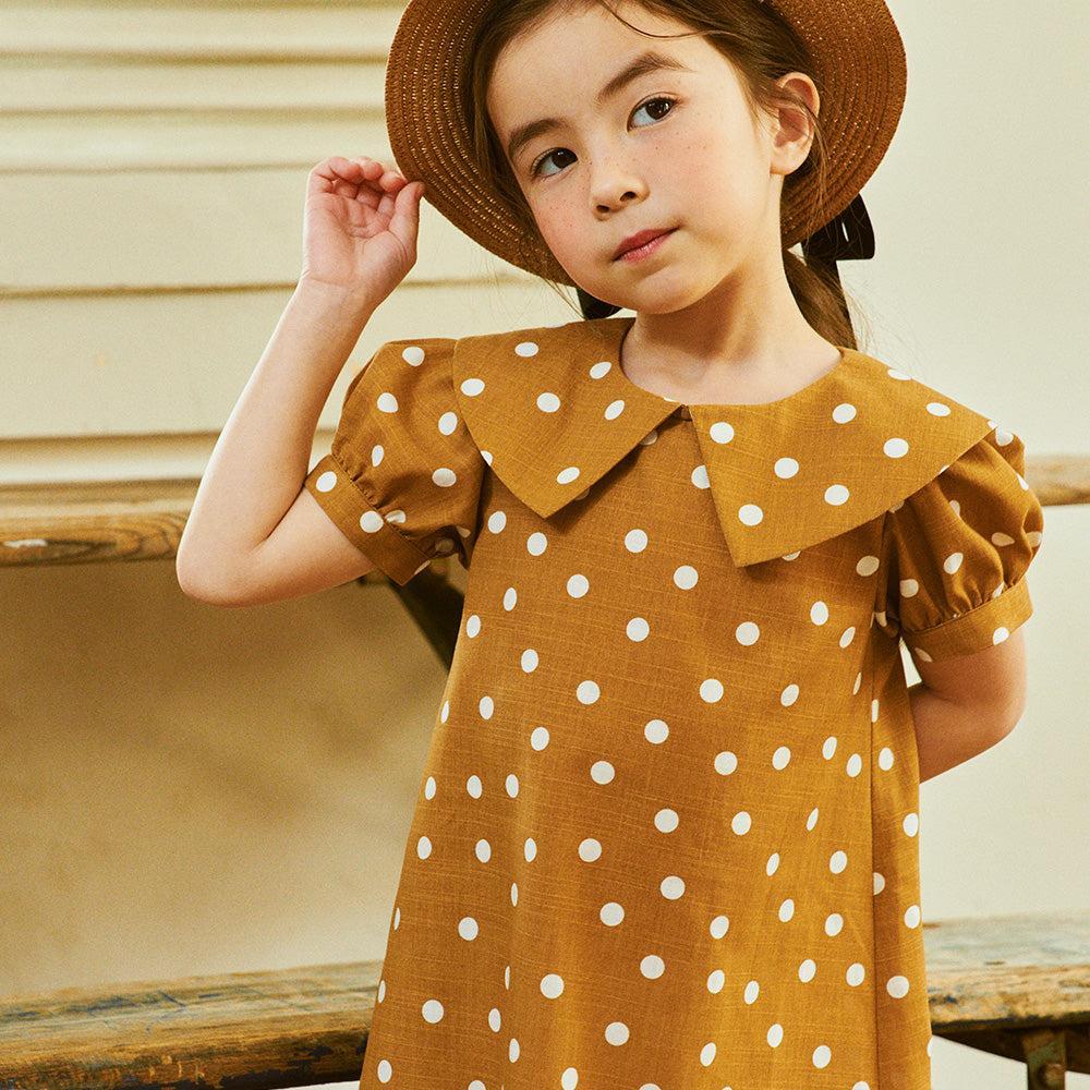 Elina Puff Sleeve Wide Collar Dotted Print Dress-Dress - Kids-ToTo Heros-