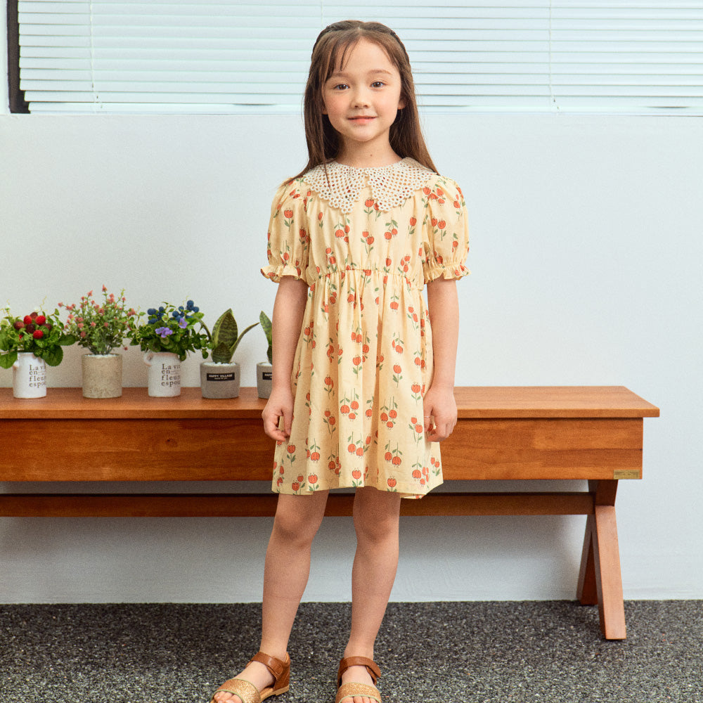 Ellie Floral Print Crocheted-Collar Balloon-Sleeve Dress-Dress - Kids-ToTo Heros-