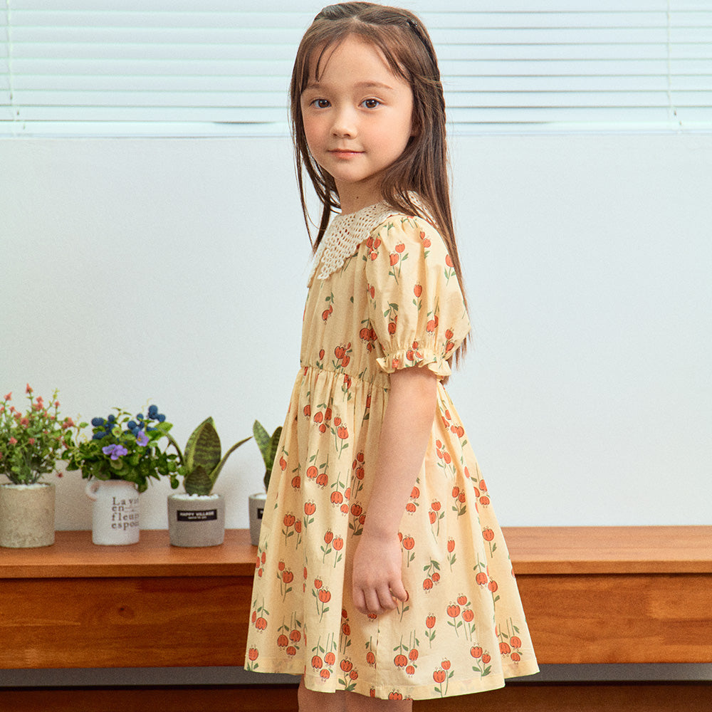 Ellie Floral Print Crocheted-Collar Balloon-Sleeve Dress-Dress - Kids-ToTo Heros-