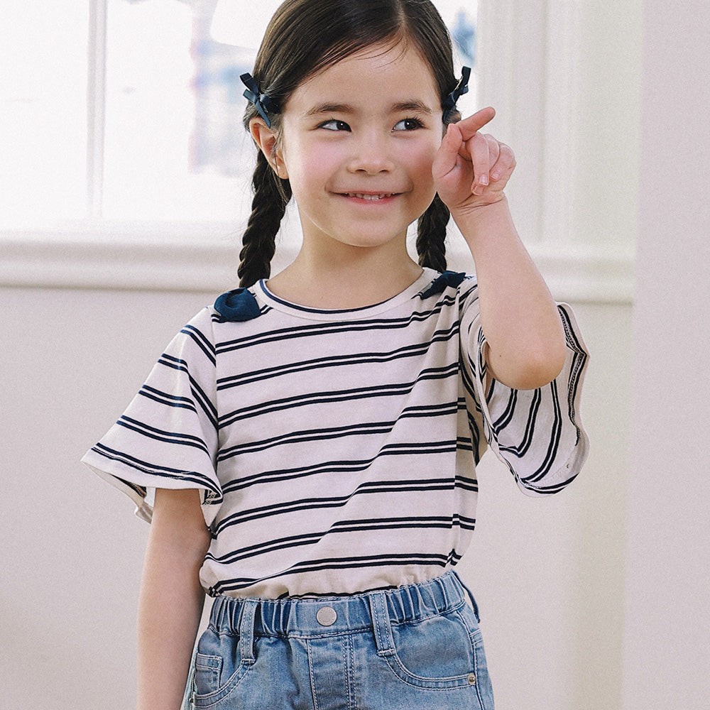 Emma Striped Wide Angel Sleeve Ribbon Detail T-Shirt-T-Shirt - Kids-ToTo Heros-