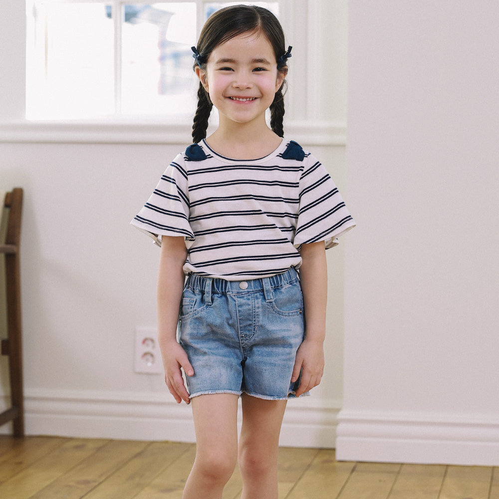 Emma Striped Wide Angel Sleeve Ribbon Detail T-Shirt-T-Shirt - Kids-ToTo Heros-