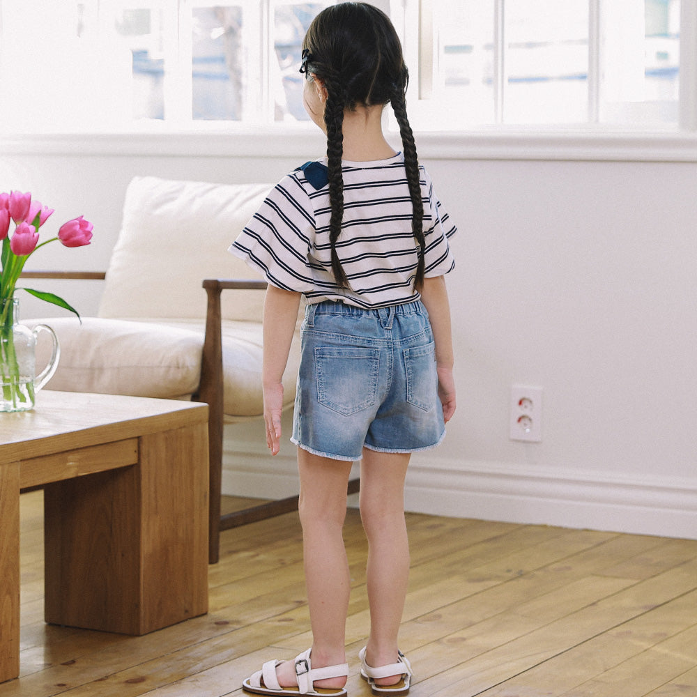 Emma Striped Wide Angel Sleeve Ribbon Detail T-Shirt-T-Shirt - Kids-ToTo Heros-