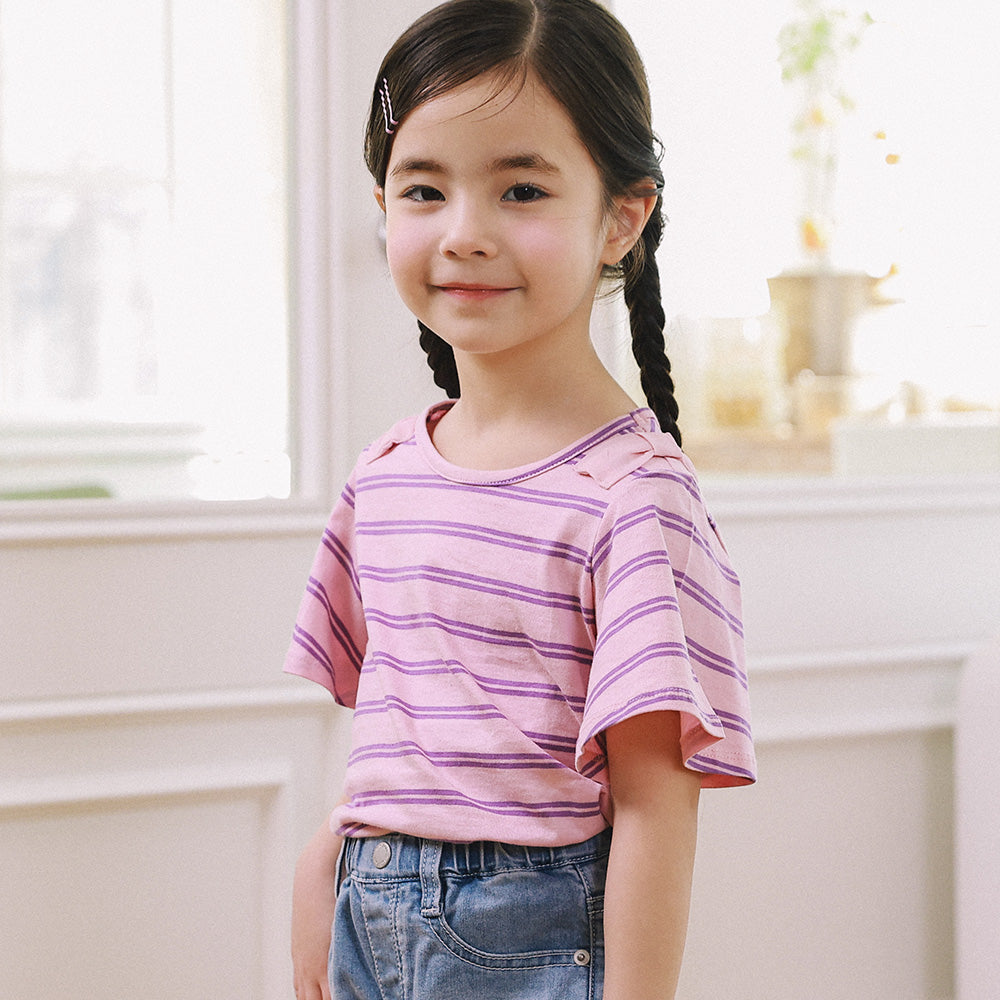 Emma Striped Wide Angel Sleeve Ribbon Detail T-Shirt-T-Shirt - Kids-ToTo Heros-