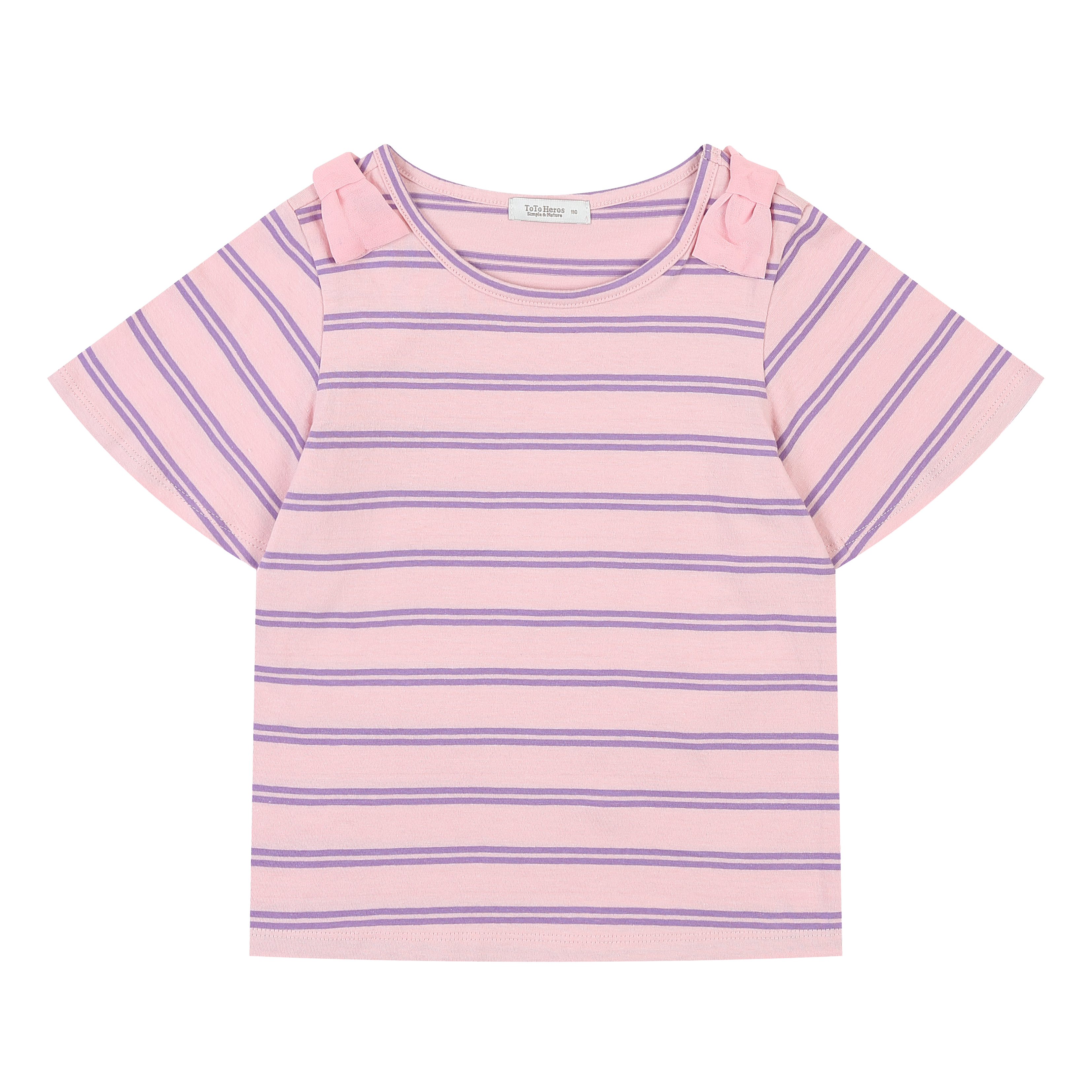 Emma Striped Wide Angel Sleeve Ribbon Detail T-Shirt-T-Shirt - Kids-ToTo Heros-Pink-XXS-