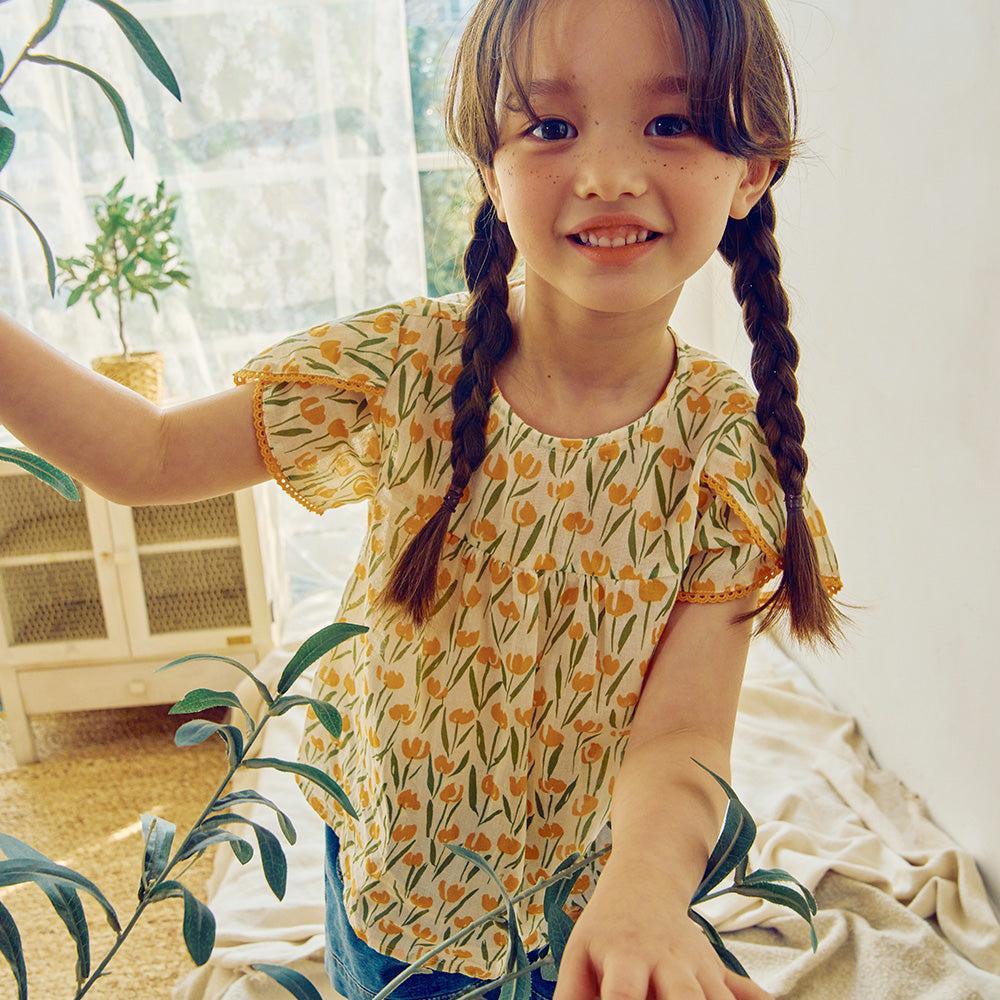 Floral Print Lace Trim Short Sleeve Blouse-Blouse - Kids-ToTo Heros-