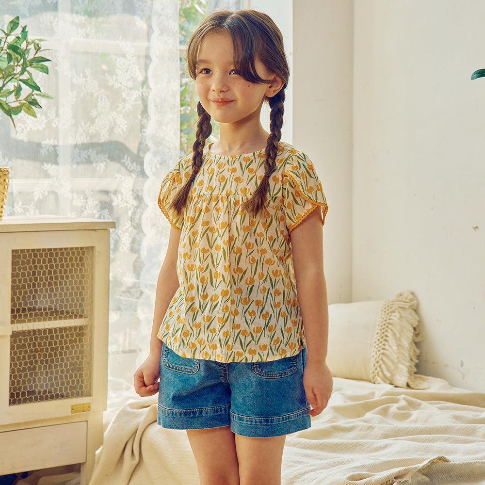 Floral Print Lace Trim Short Sleeve Blouse-Blouse - Kids-ToTo Heros-