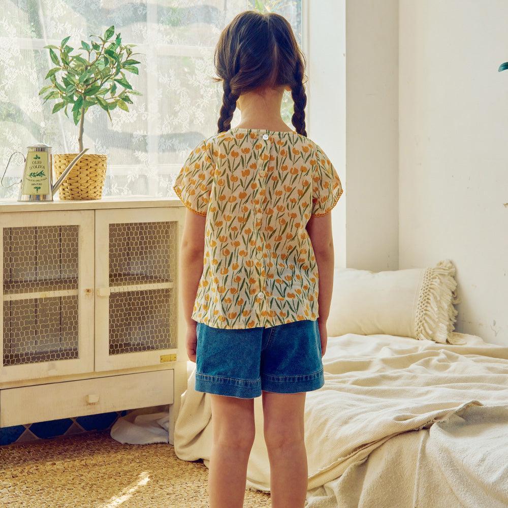 Floral Print Lace Trim Short Sleeve Blouse-Blouse - Kids-ToTo Heros-