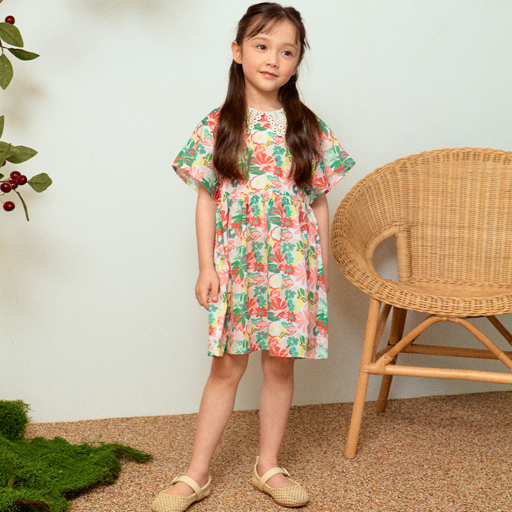 Flower Garden Print Crocheted-Collar Angel Sleeve Dress-Dress - Kids-ToTo Heros-