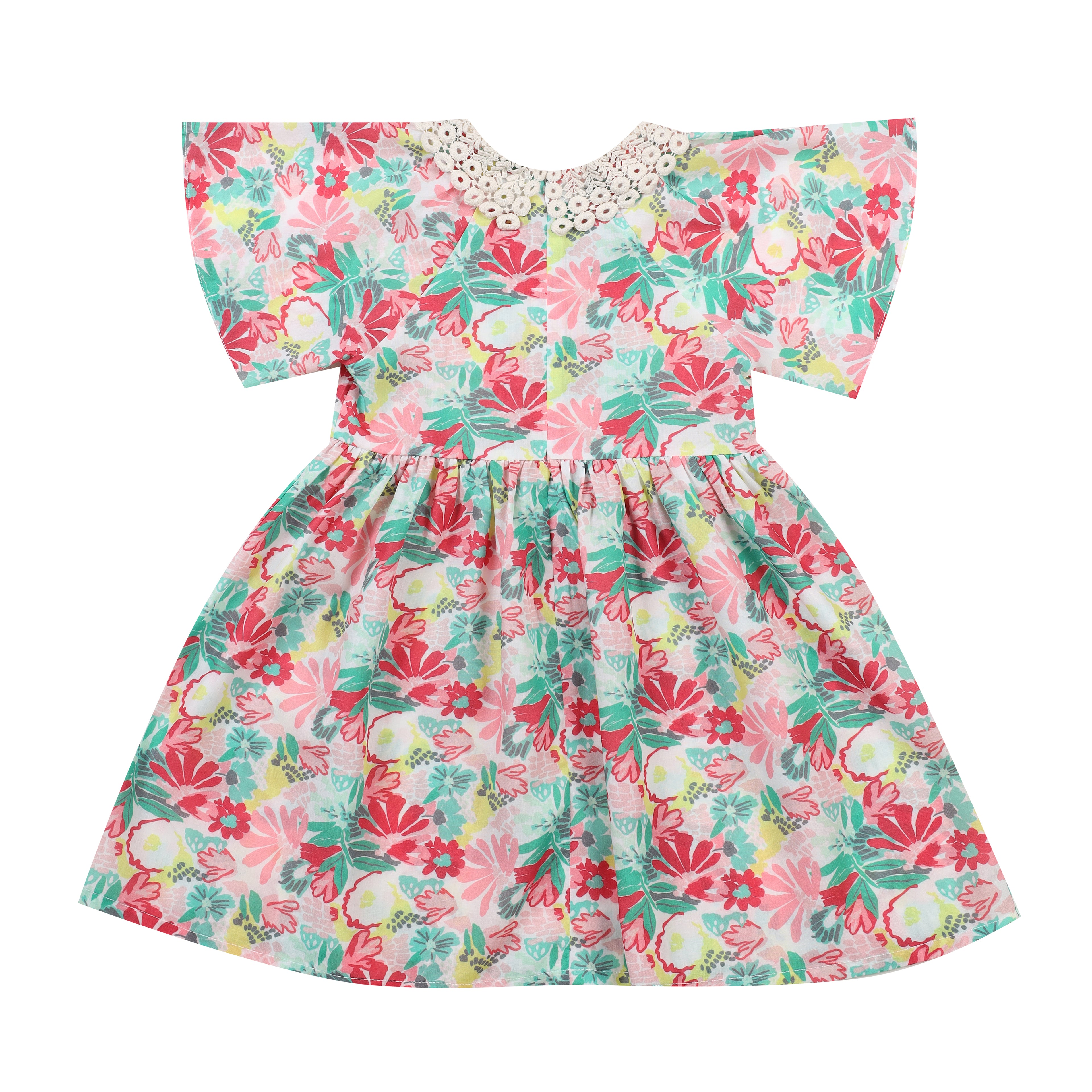 Flower Garden Print Crocheted-Collar Angel Sleeve Dress-Dress - Kids-ToTo Heros-