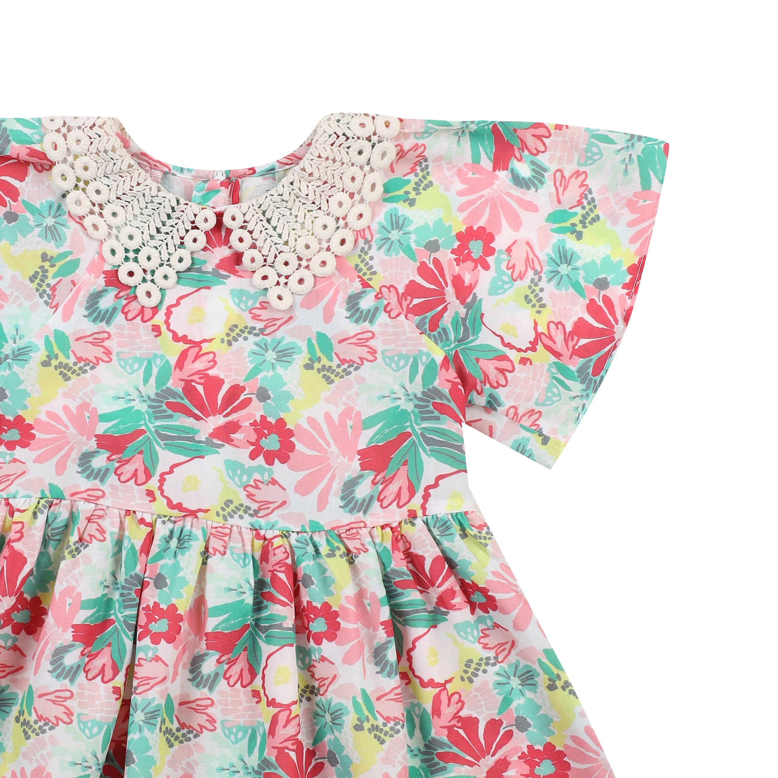 Flower Garden Print Crocheted-Collar Angel Sleeve Dress-Dress - Kids-ToTo Heros-