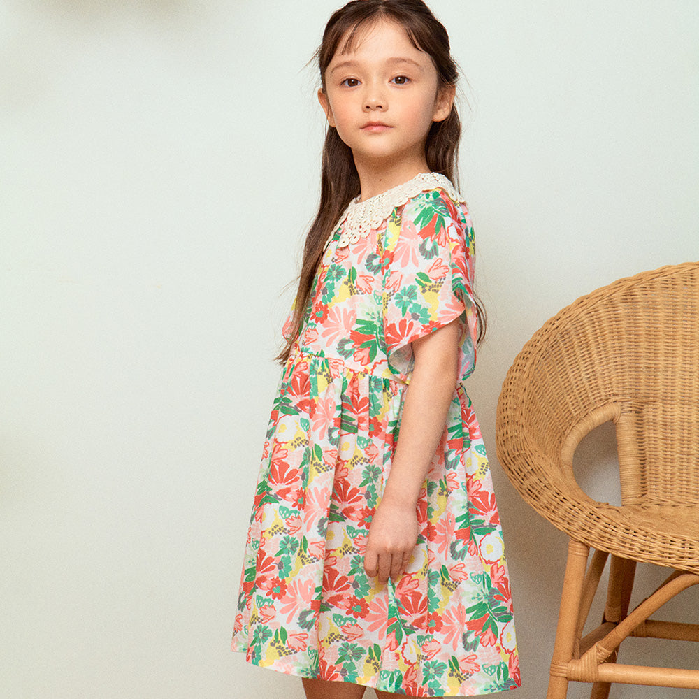 Flower Garden Print Crocheted-Collar Angel Sleeve Dress-Dress - Kids-ToTo Heros-