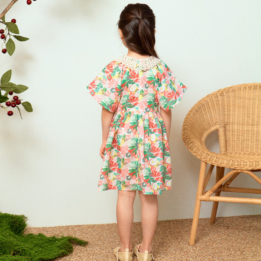 Flower Garden Print Crocheted-Collar Angel Sleeve Dress-Dress - Kids-ToTo Heros-