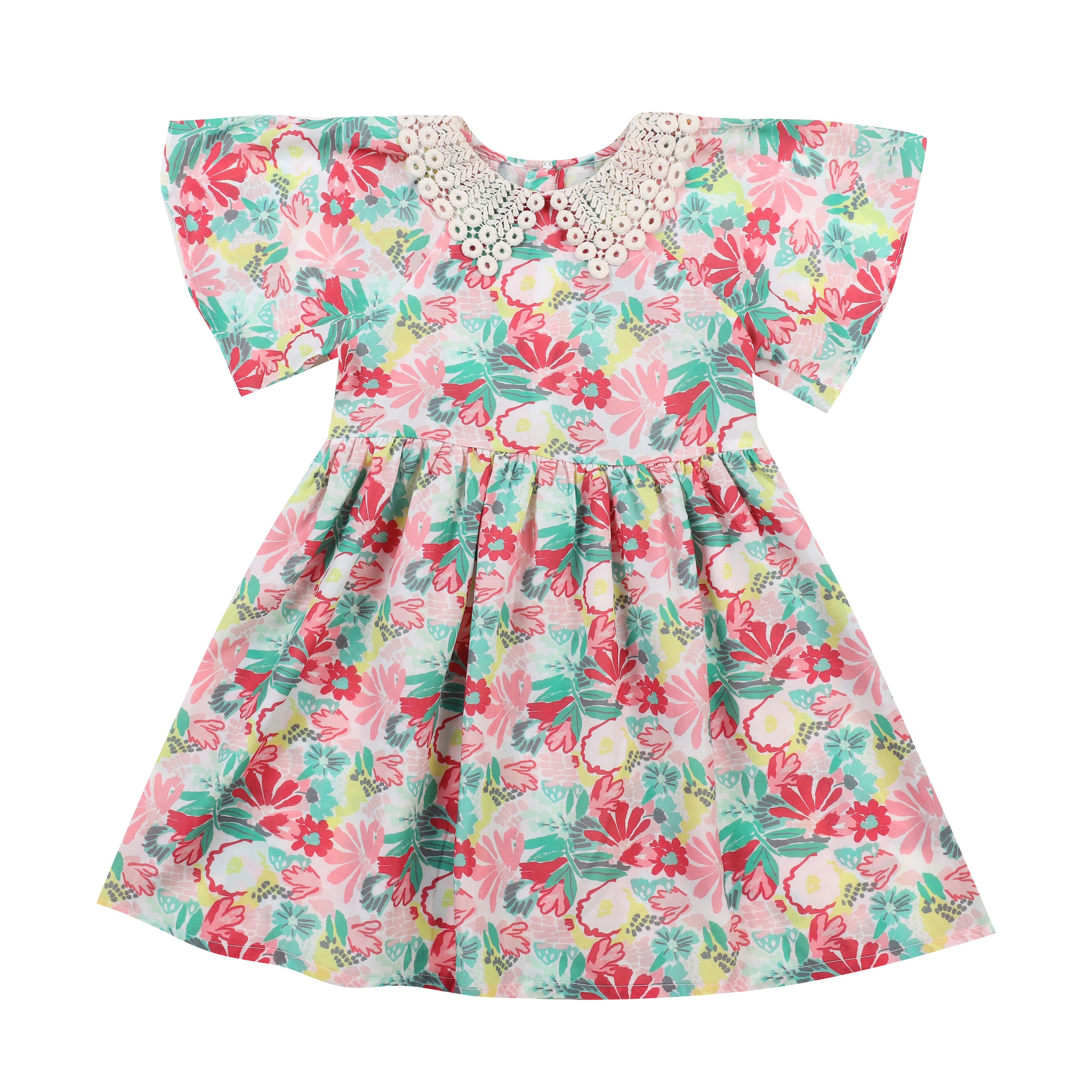 Flower Garden Print Crocheted-Collar Angel Sleeve Dress-Dress - Kids-ToTo Heros-