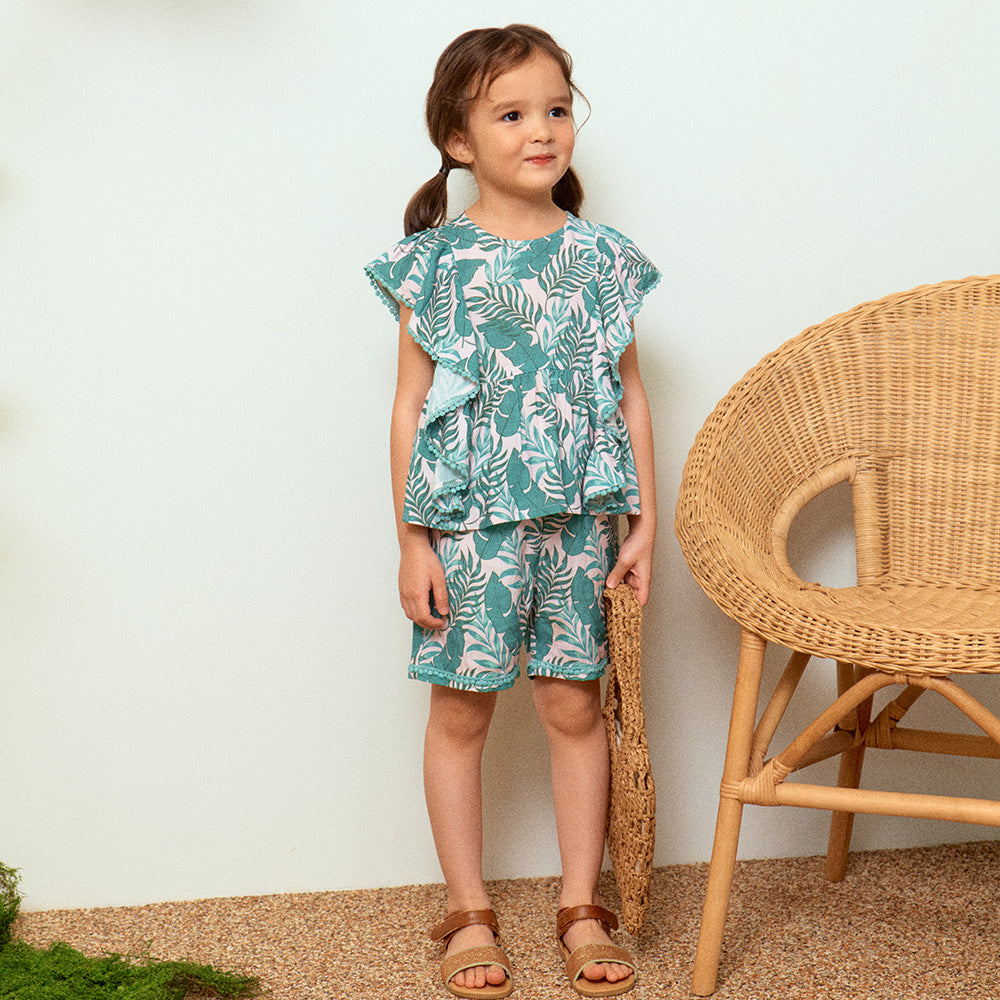 Forest Leafy Print Ruffled Hem Angel Sleeve Top & Shorts Set-Top & Skirt Set - Kids-ToTo Heros-