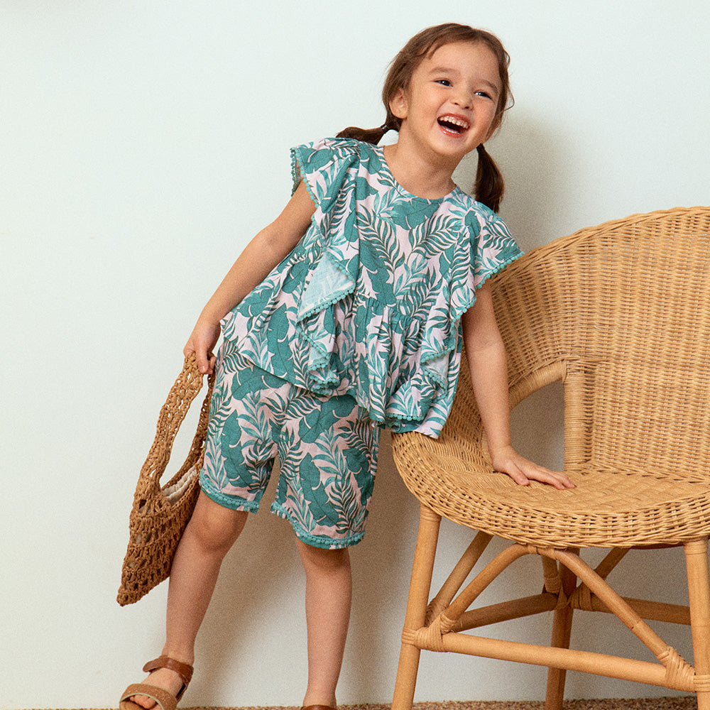 Forest Leafy Print Ruffled Hem Angel Sleeve Top & Shorts Set-Top & Skirt Set - Kids-ToTo Heros-