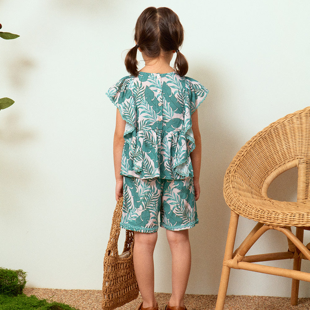 Forest Leafy Print Ruffled Hem Angel Sleeve Top & Shorts Set-Top & Skirt Set - Kids-ToTo Heros-