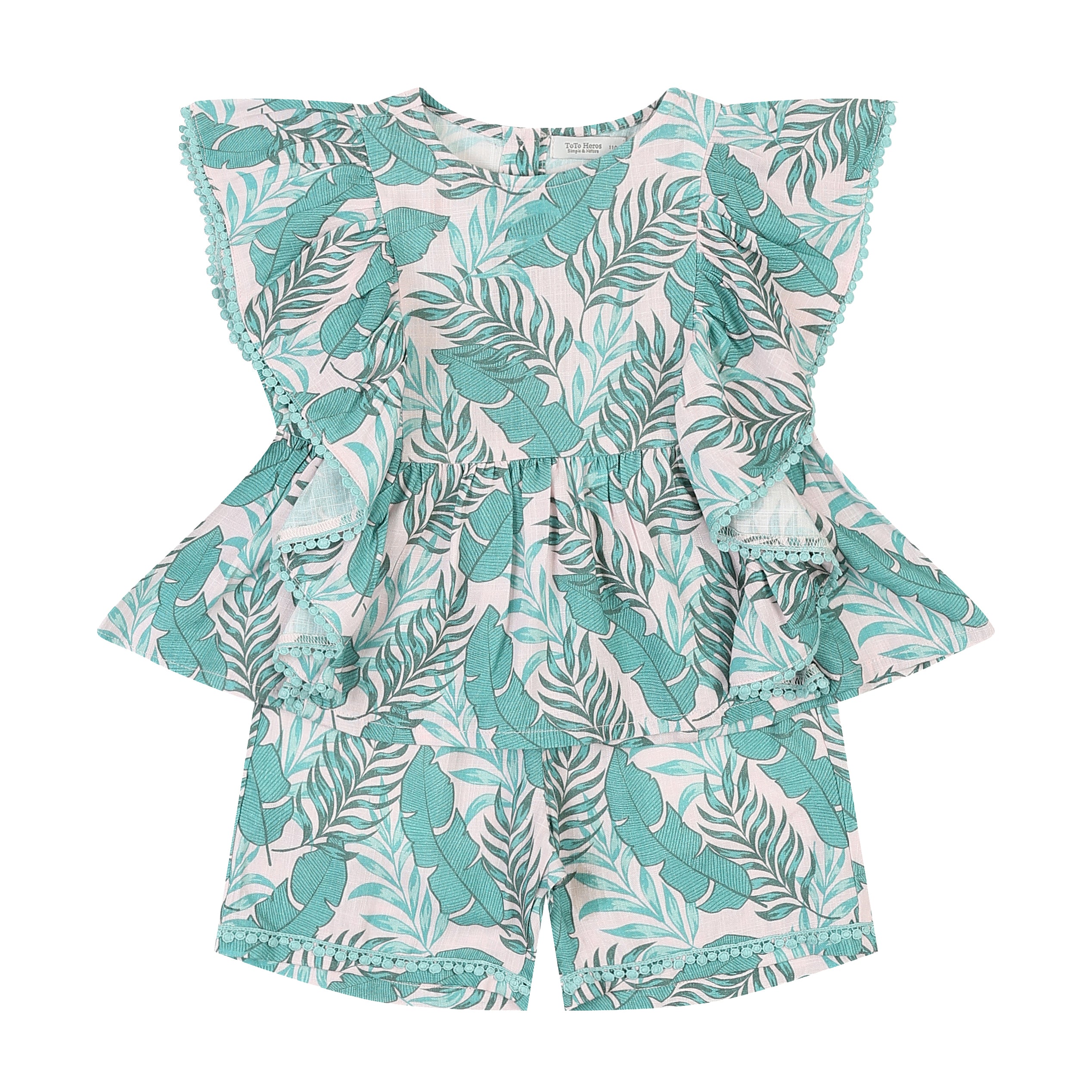 Forest Leafy Print Ruffled Hem Angel Sleeve Top & Shorts Set-Top & Skirt Set - Kids-ToTo Heros-