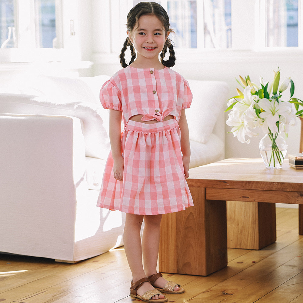 Heidi Pink White Gingham Front Tie Dress-Dress - Kids-ToTo Heros-