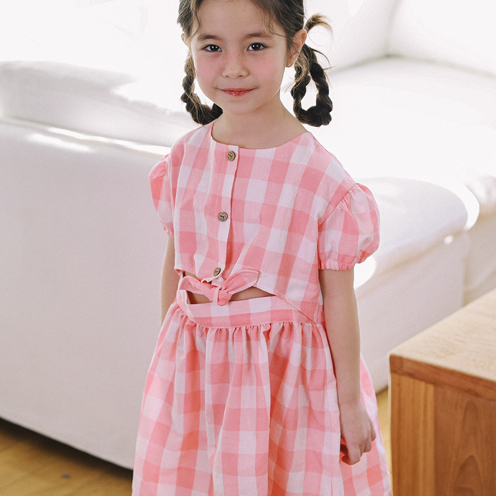 Heidi Pink White Gingham Front Tie Dress-Dress - Kids-ToTo Heros-