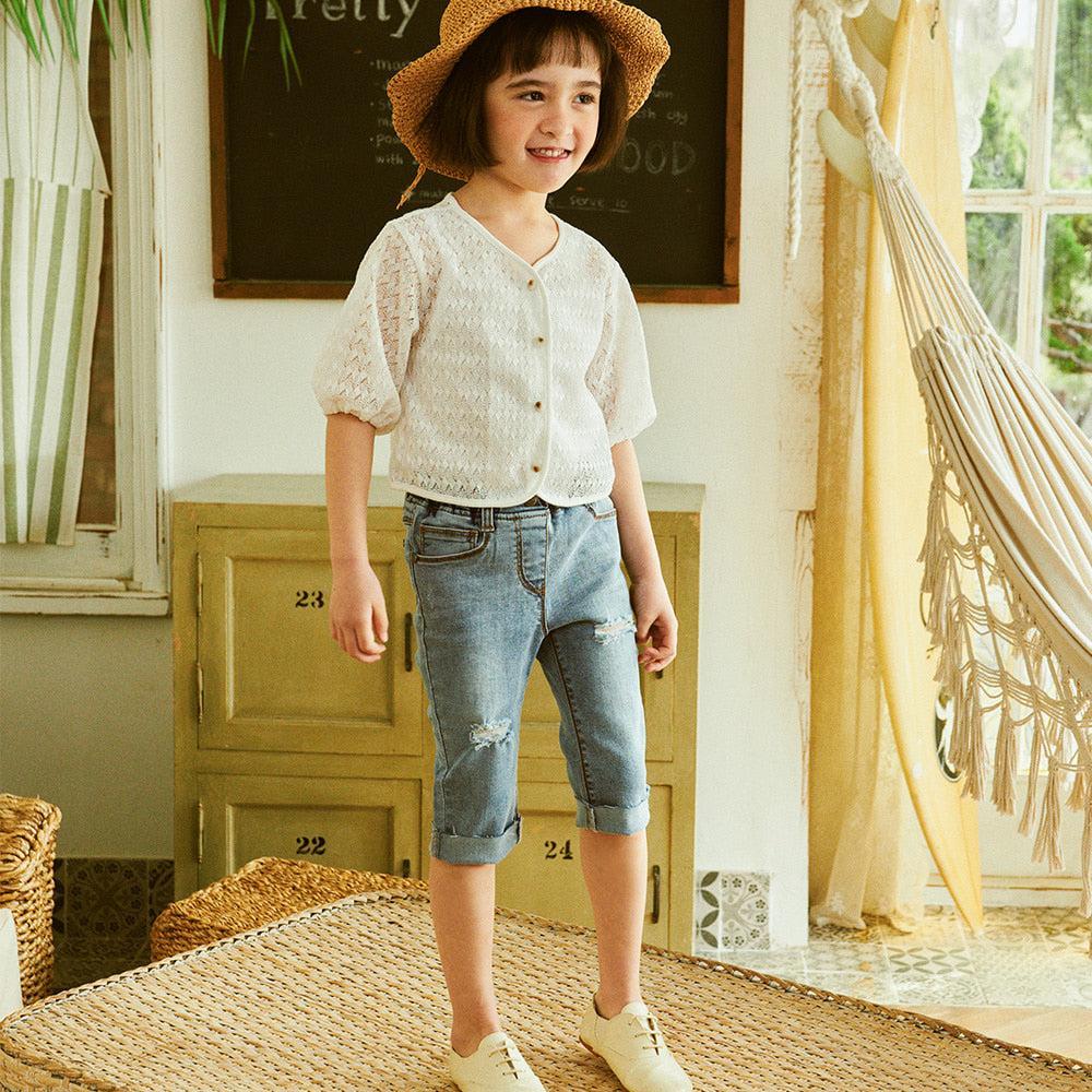 Jenna Stretchy Pull-On Raw Hem Capri Straight Denim Pants-Jeans - Kids-ToTo Heros-