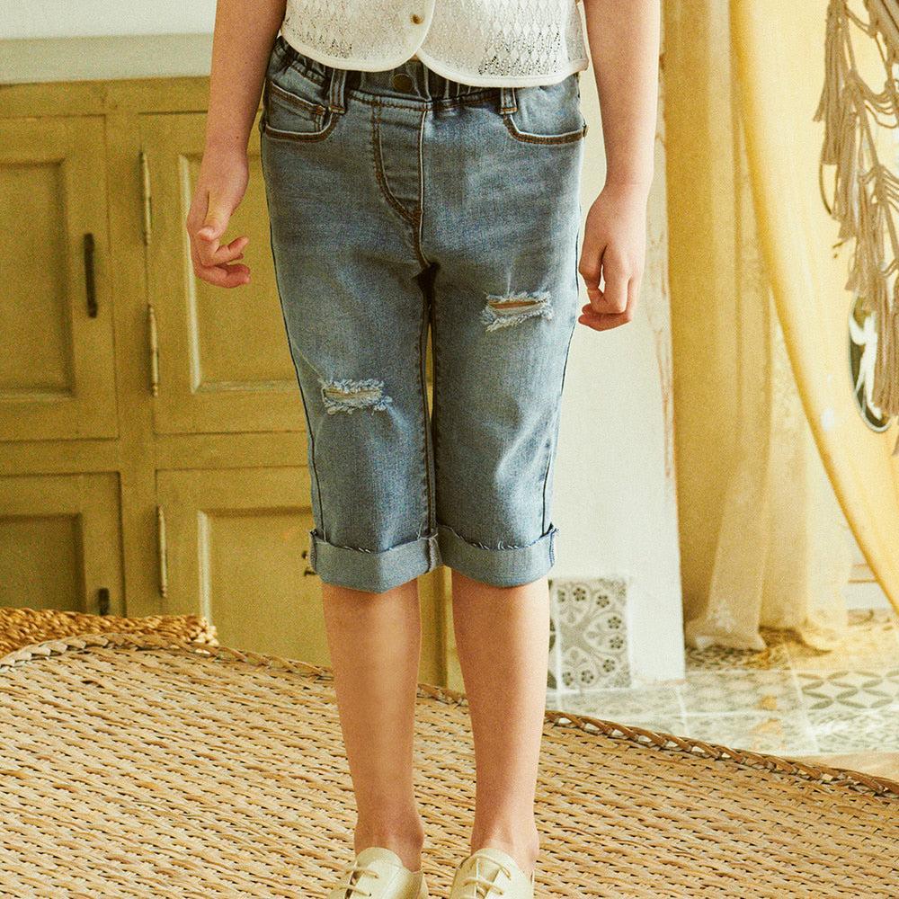 Jenna Stretchy Pull-On Raw Hem Capri Straight Denim Pants-Jeans - Kids-ToTo Heros-