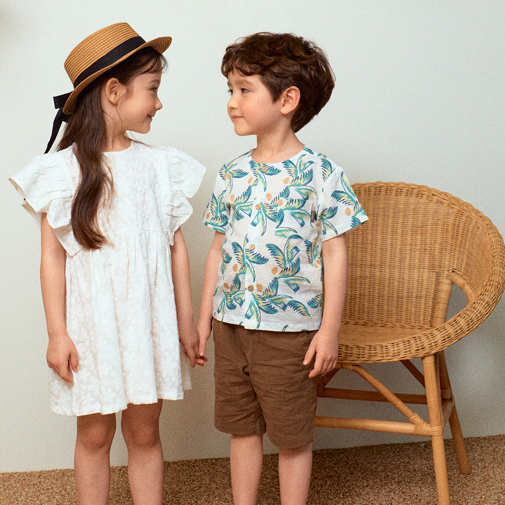 Palm Tree Graphic Print Round Neck Summer Vacation Shirt-Button Down Shirt - Kids-ToTo Heros-