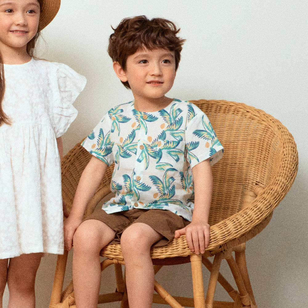 Palm Tree Graphic Print Round Neck Summer Vacation Shirt-Button Down Shirt - Kids-ToTo Heros-