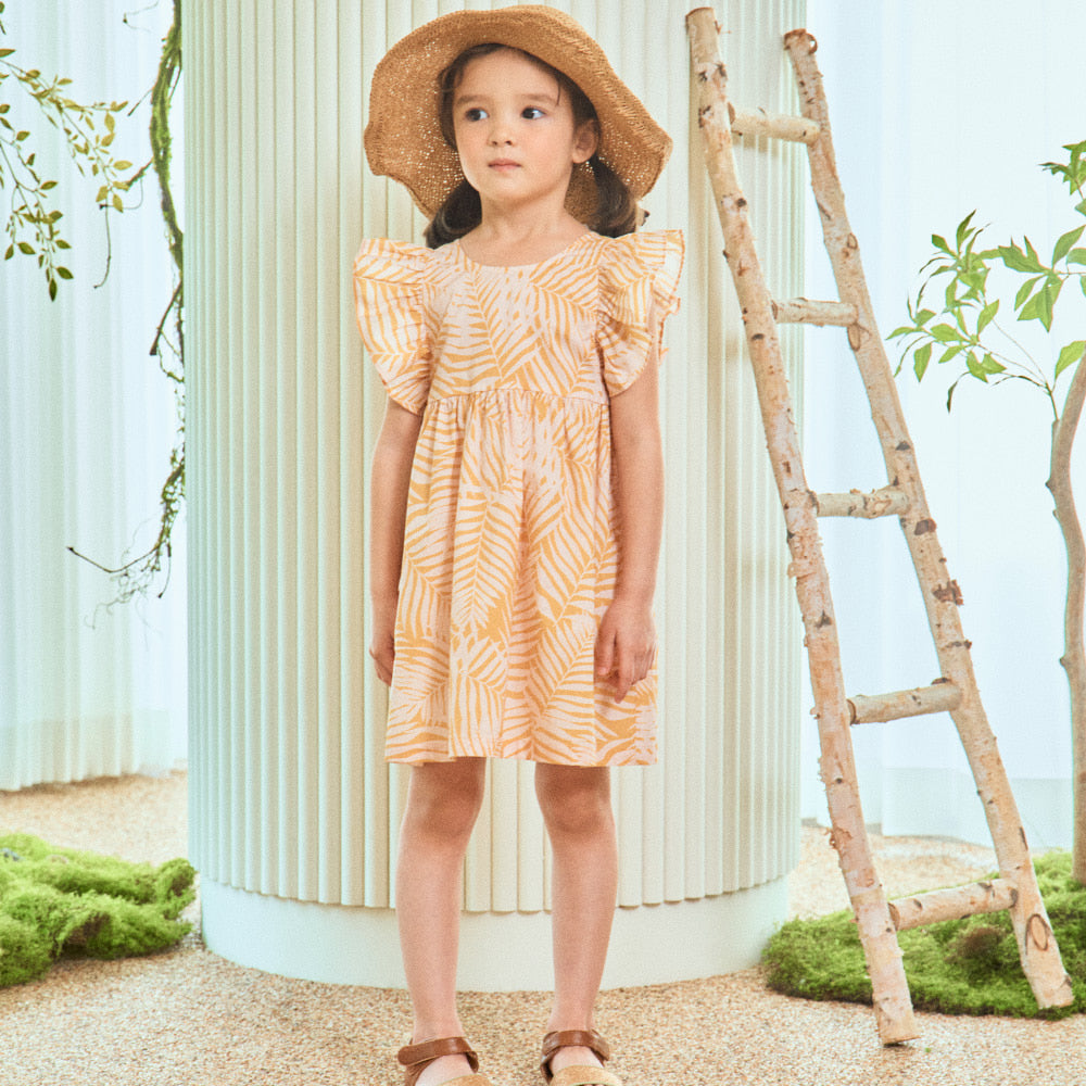 Palm Tree Leaf Graphic Print Ruffled Angel Sleeve Summer Vacation Dress-Dress - Kids-ToTo Heros-