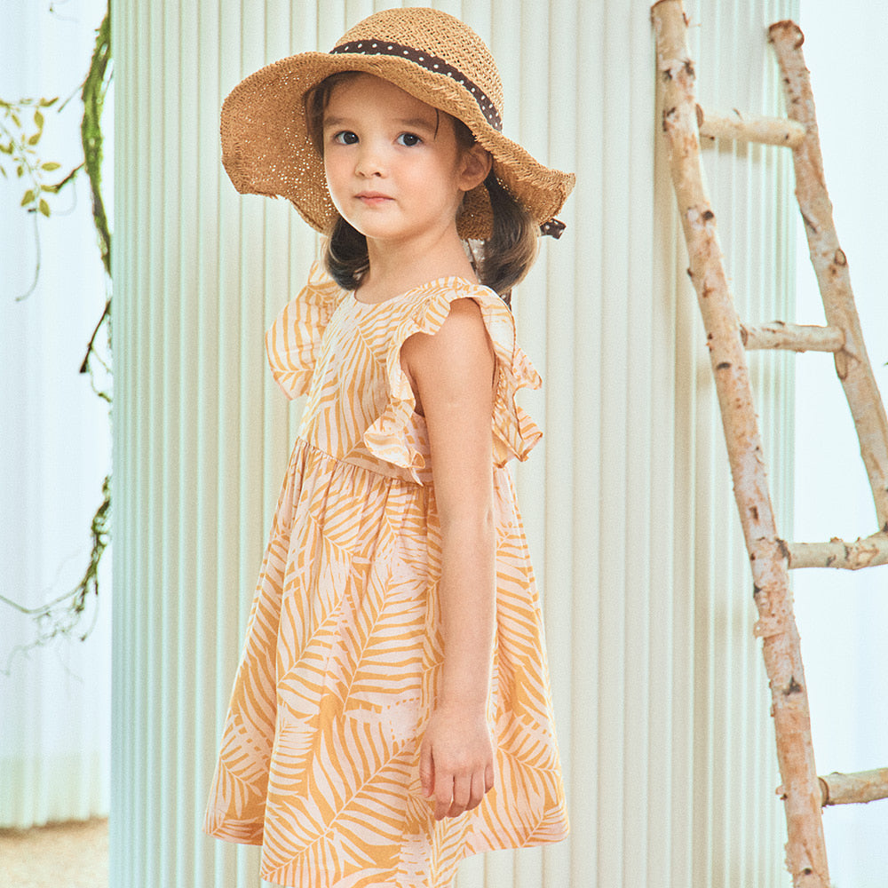 Palm Tree Leaf Graphic Print Ruffled Angel Sleeve Summer Vacation Dress-Dress - Kids-ToTo Heros-