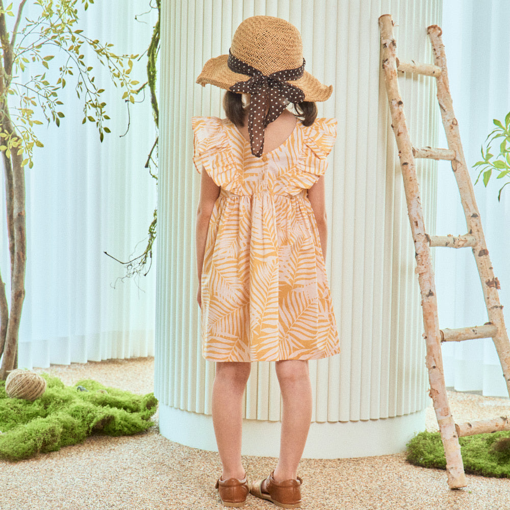 Palm Tree Leaf Graphic Print Ruffled Angel Sleeve Summer Vacation Dress-Dress - Kids-ToTo Heros-