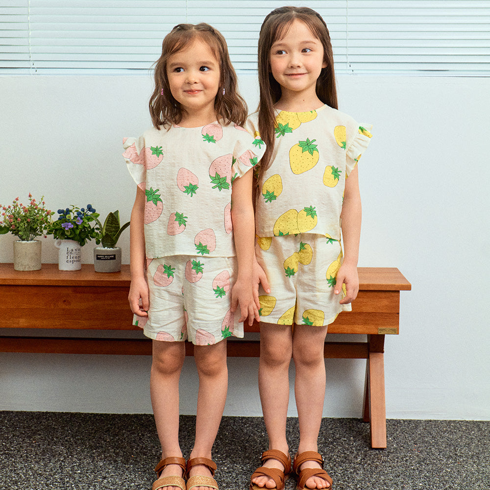 Strawberry Graphic Print Angel Sleeve Top & Shorts Set-Top & Skirt Set - Kids-ToTo Heros-