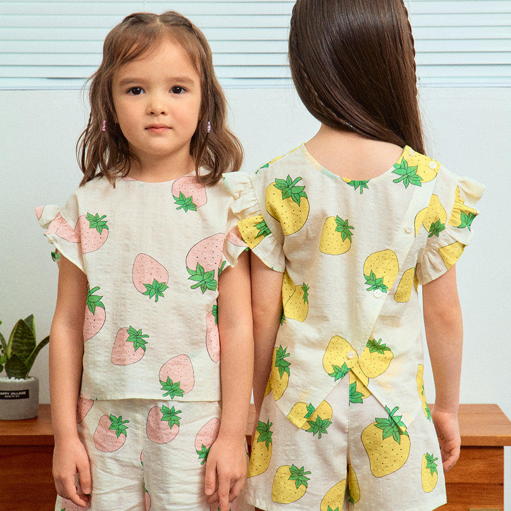 Strawberry Graphic Print Angel Sleeve Top & Shorts Set-Top & Skirt Set - Kids-ToTo Heros-