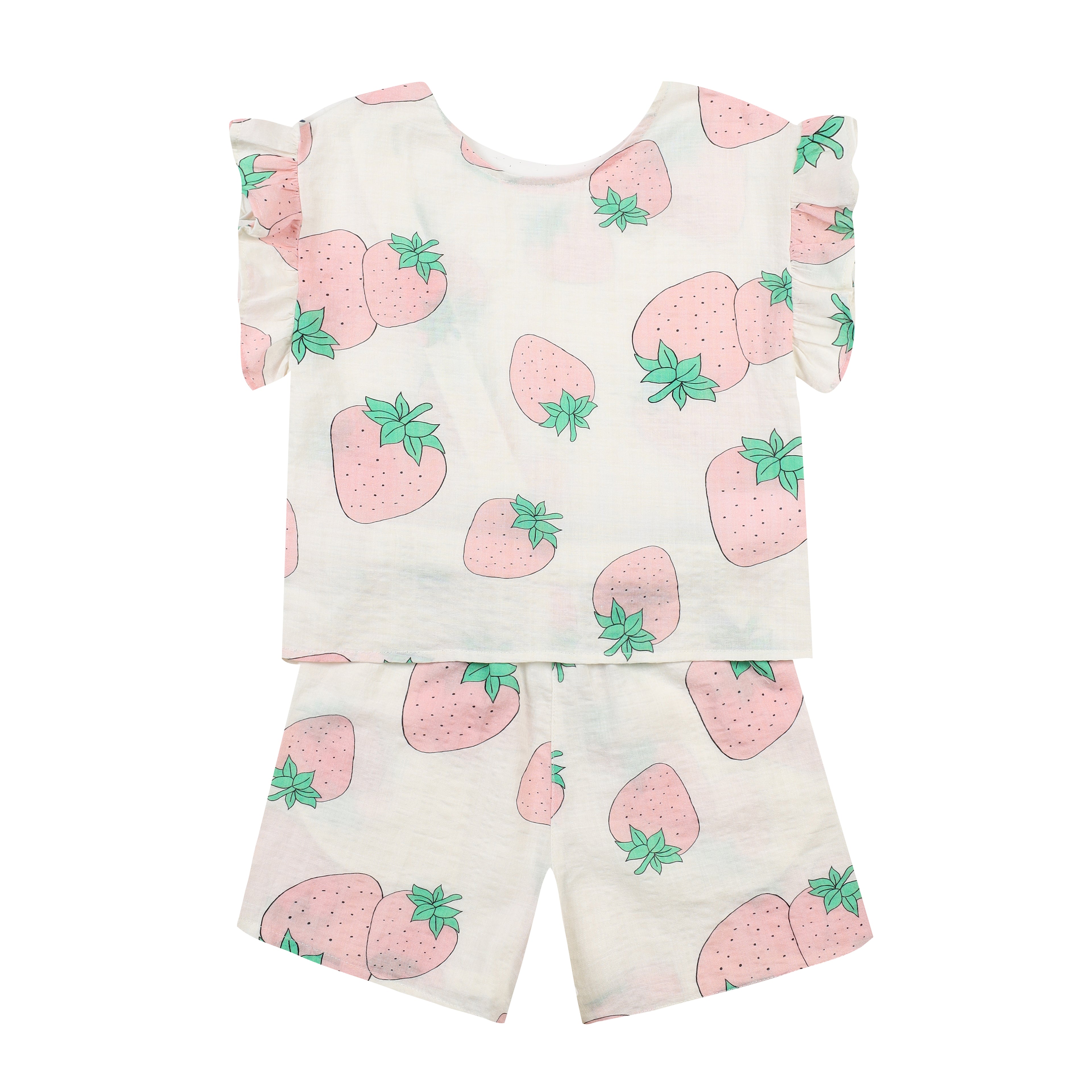 Strawberry Graphic Print Angel Sleeve Top & Shorts Set-Top & Skirt Set - Kids-ToTo Heros-Pink-XXS-