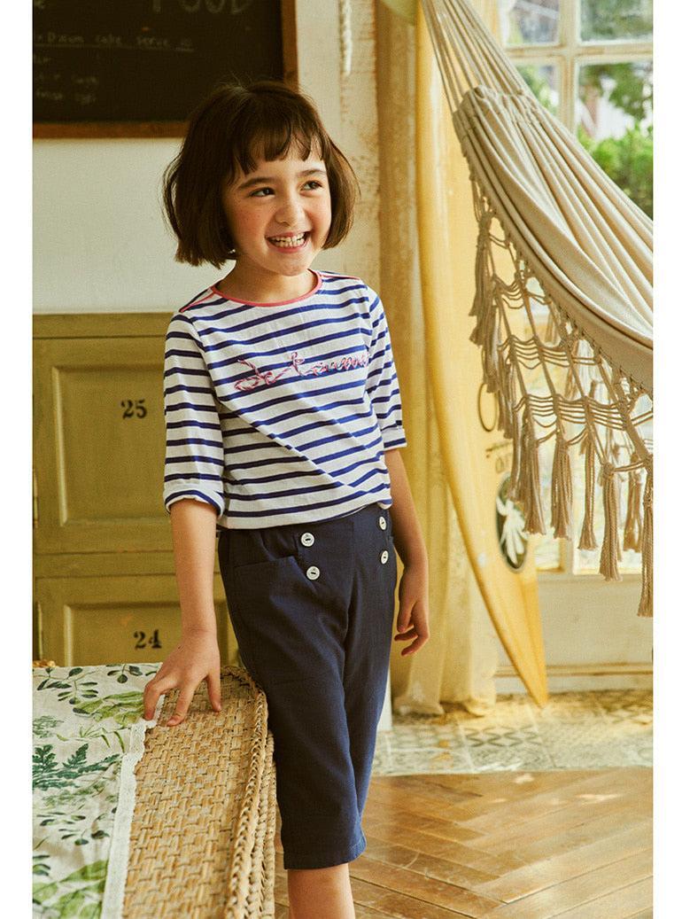Striped Elbow Sleeve Thread Embellishment T-Shirt-T-Shirt - Kids-ToTo Heros-