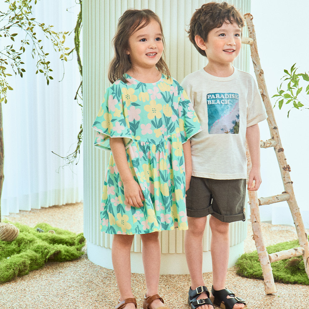 Summer Flower Round Neck Floral Graphic Print Angel Sleeve Dress-Dress - Kids-ToTo Heros-