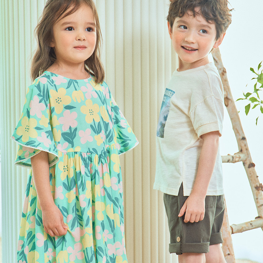 Summer Flower Round Neck Floral Graphic Print Angel Sleeve Dress-Dress - Kids-ToTo Heros-