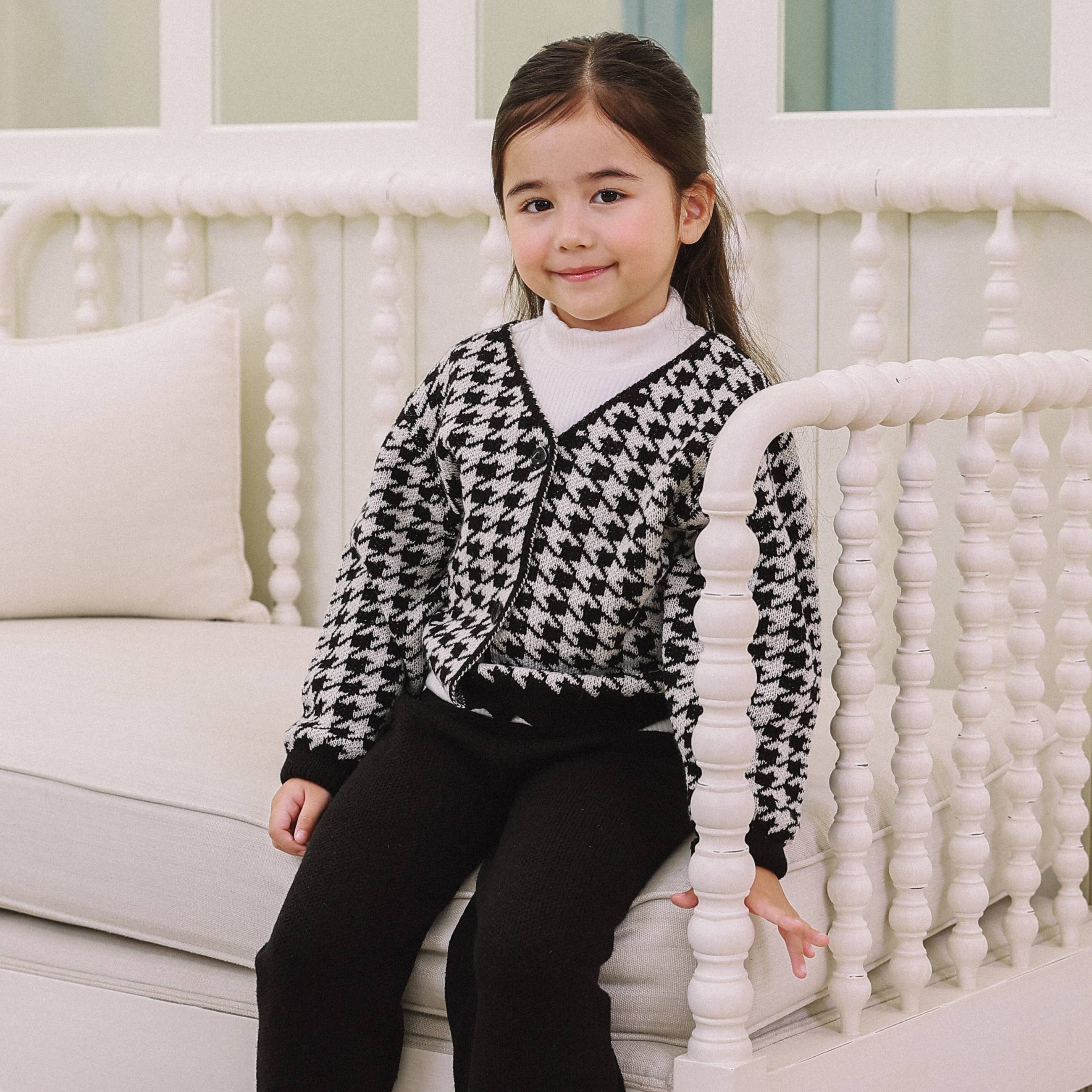 Brianna Houndstooth Wool Blend Knit Cardigan - ToTo Heros l Premium Children's Clothing