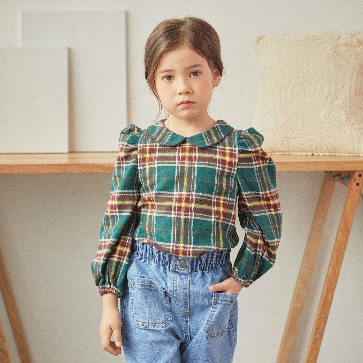 Bella Puff Shoulder Checkered Blouse - ToTo Heros l Premium Children's Clothing