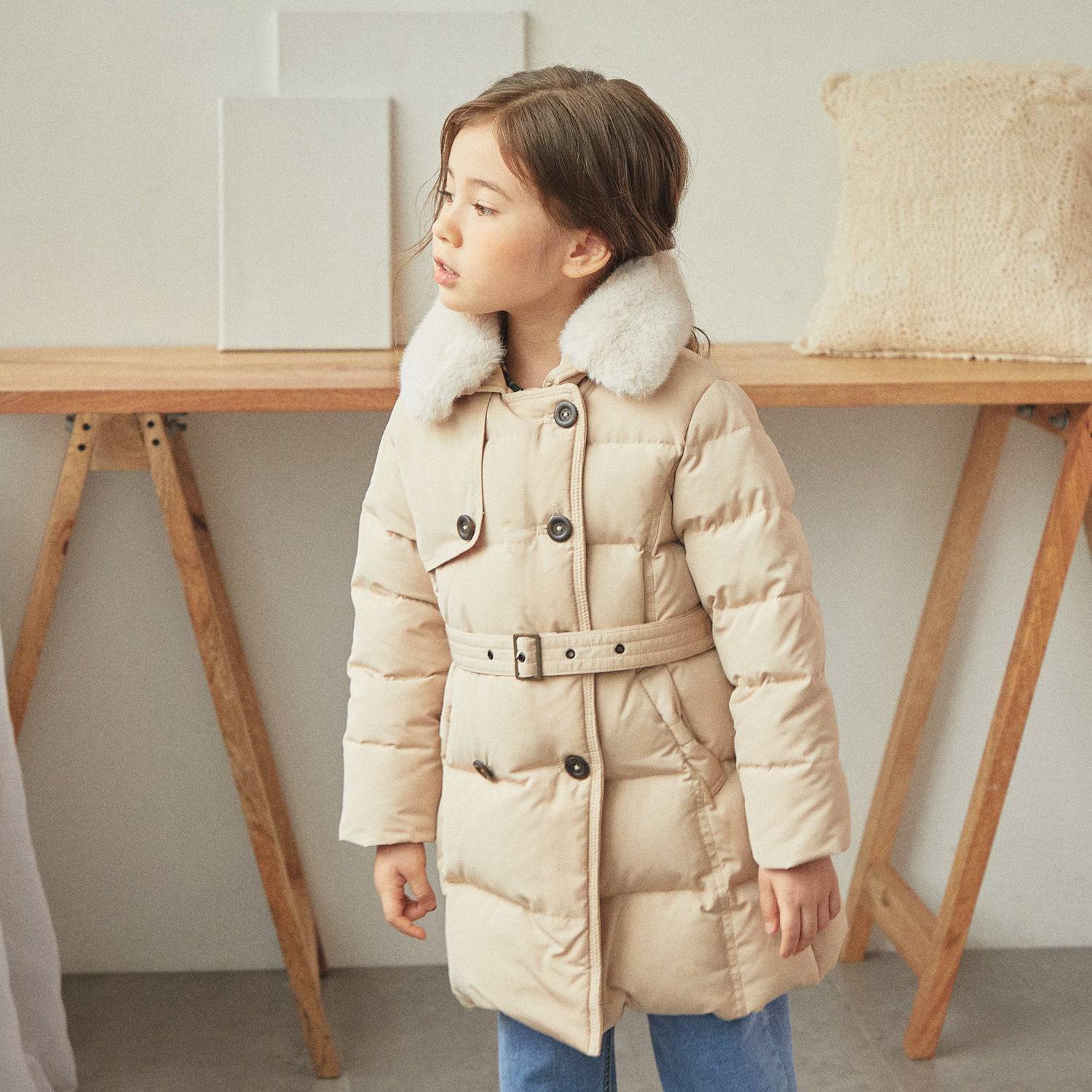 Riley Faux Fur Collared Trench Puffer Jacket - Navy - ToTo Heros l Premium Children's Clothing