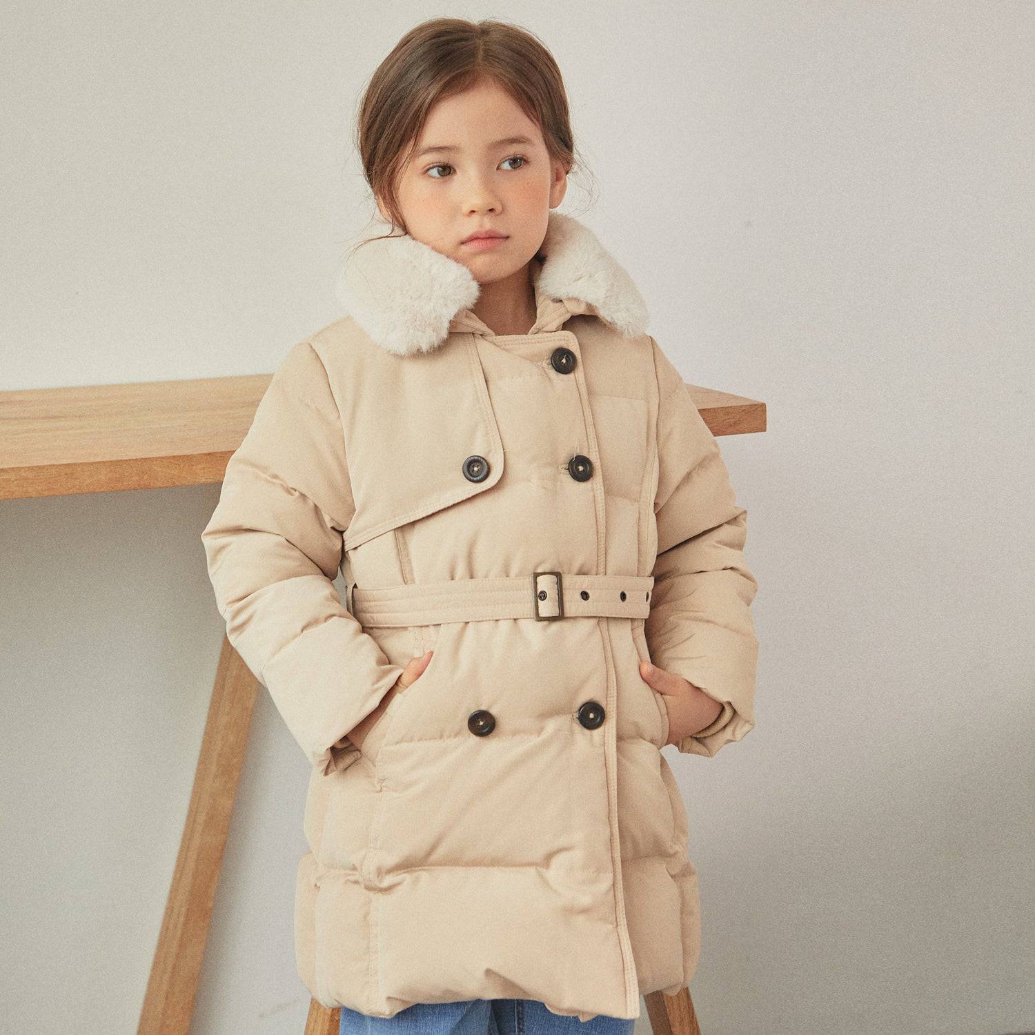 Riley Faux Fur Collared Trench Puffer Jacket - Navy - ToTo Heros l Premium Children's Clothing