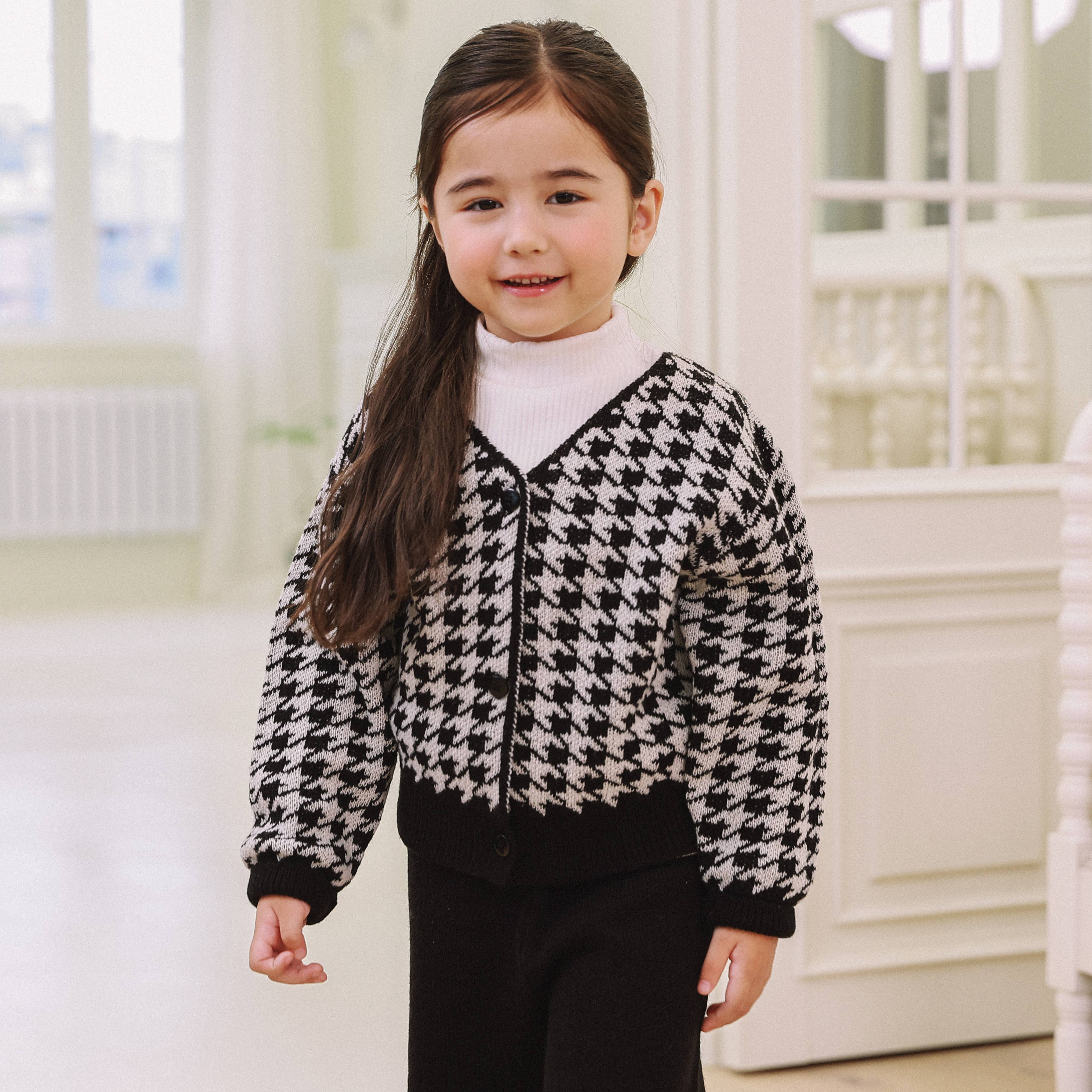 Brianna Houndstooth Wool Blend Knit Cardigan - ToTo Heros l Premium Children's Clothing